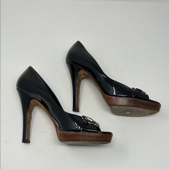GUCCI Black Patent Leather Peep Toe Pumps Tom Ford Era Horsebit, Size 9B 0062 - Picture 7 of 16